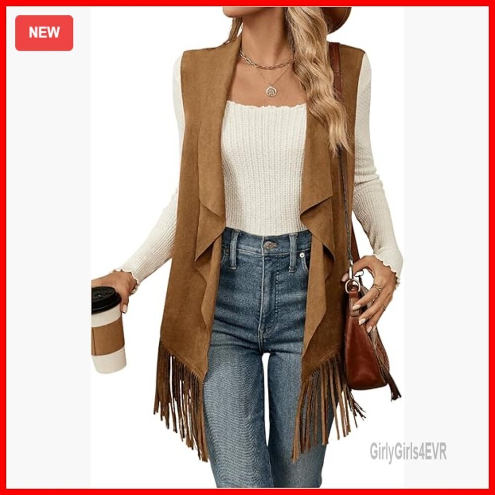 Faux Suede Vest with Fringe, Sleeveless Open Front, Boho Western Style